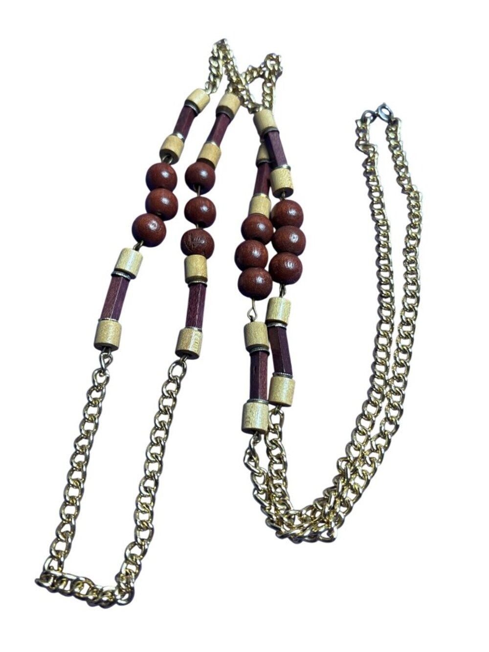 2 Tone Brown Wooden Beaded Necklace Goldtone Chain Spring Ring Clasp 44 inches